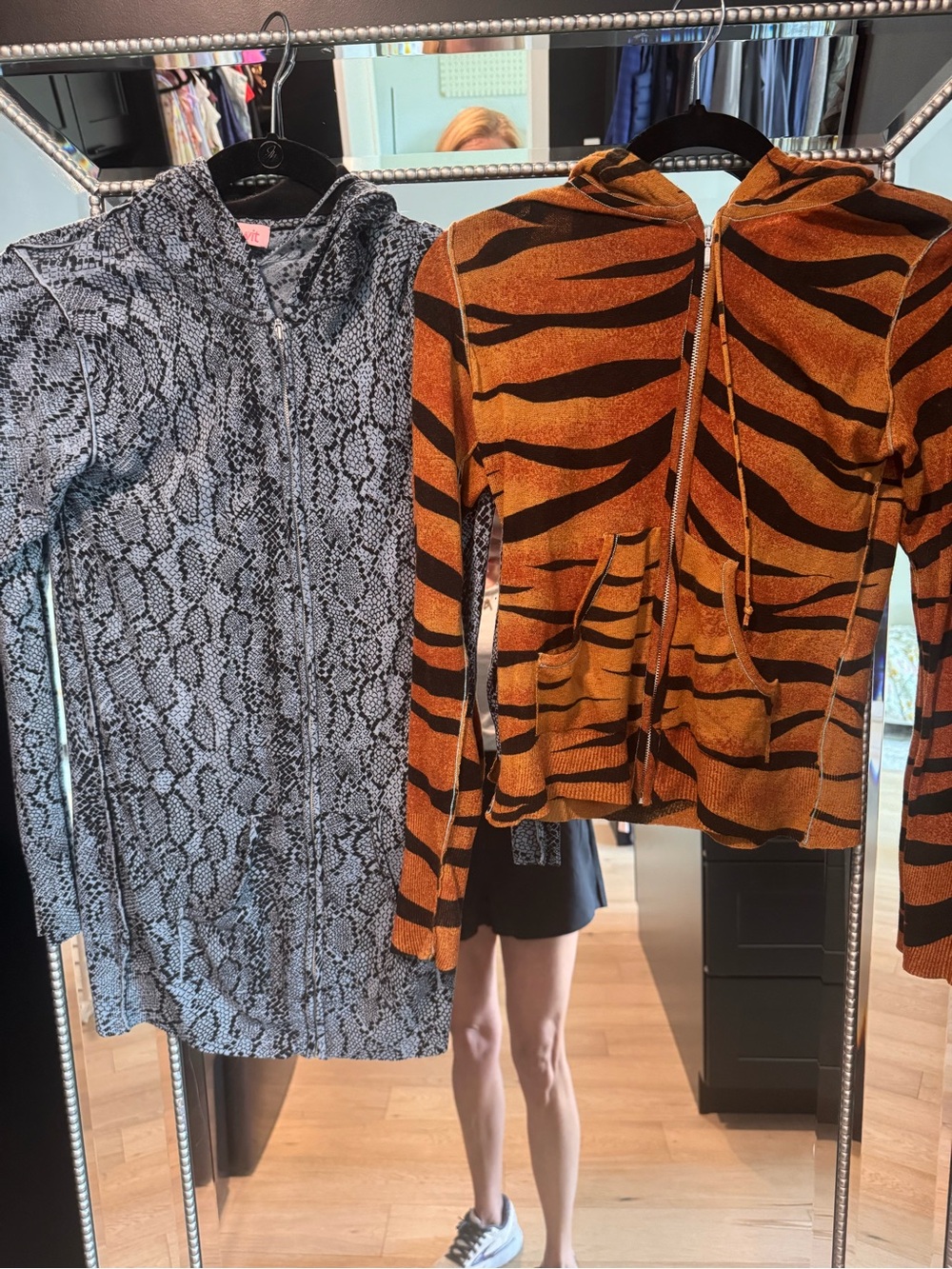 Women’s Orange Tiger-Stripe Zip Hoodie & navy snakeskin cashmere - lot of 2